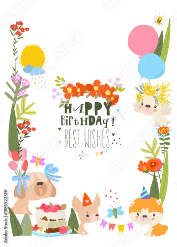 Floral Frame with Cute Funny Dogs celebrating Birthday