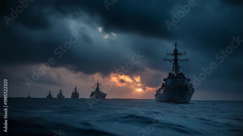Fleet of naval warships sailing through stormy ocean waters under dark clouds. Dramatic military maritime scene symbolizing naval power, defense operations, and strategic presence at sea.