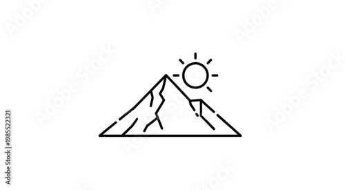 The sun rises over a rugged mountain peak landscape.