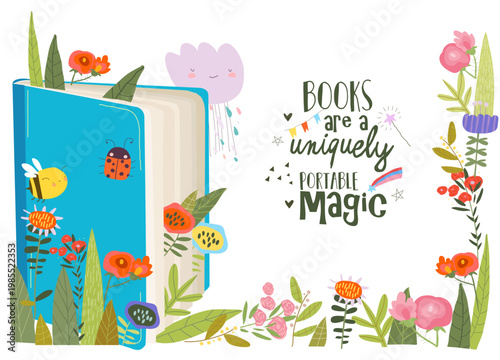 Cartoon Illustration of Open Book With Color Flowers