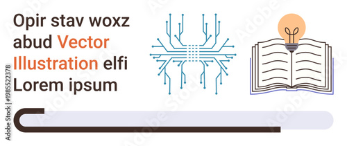 Education, technology, digital learning, innovation, knowledge sharing, creative ideas. Features a circuit board, open book and a lightbulb symbol. Education and technology concept