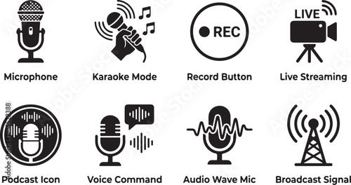 Audio icons, sound symbols, music graphics, voice illustrations, 8 black vector icons
