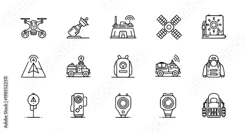 Collection of line art icons depicting modern technology surveillance and futuristic devices
