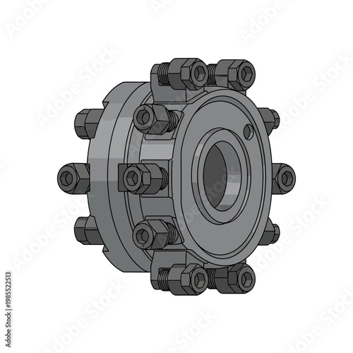 Industrial flange coupling with bolts and nuts, mechanical connection, engineering detail