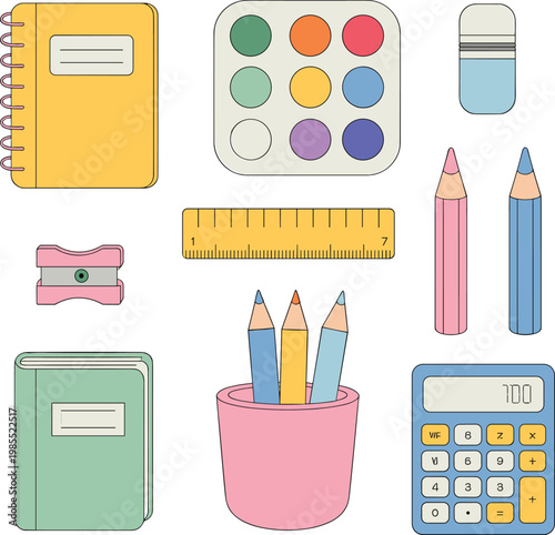 School supplies set with notebook, pencils and calculator, education stationery items vector illustration collection