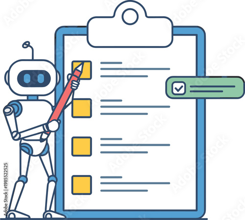 Robot checking checklist on clipboard, automation task management and productivity concept vector illustration design
