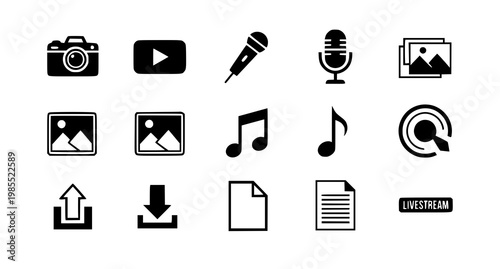 Collection of black media and communication icons cameras microphones music notes and streaming symbols