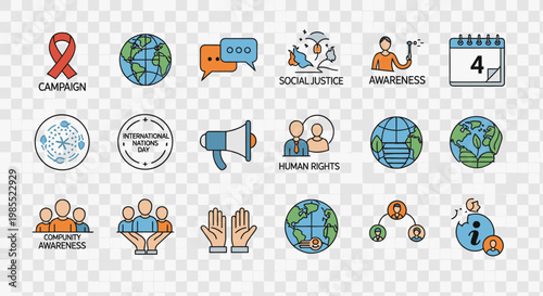 A collection of colorful vector icons representing social issues, global awareness, human rights, and community support campaigns.