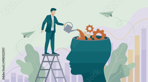 Nourishing the mind: Businessman waters head with gears for business growth