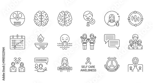 Set of line icons representing mental health, self-care, therapy, awareness, and emotional well-being concepts.