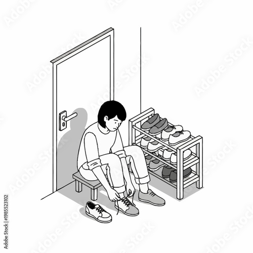 a person sitting on a bench tying their shoes.