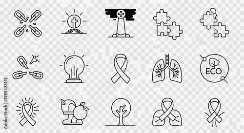 A collection of line art icons featuring awareness ribbons, light bulbs, puzzle pieces, lungs, trees, and eco symbols on a transparent background.
