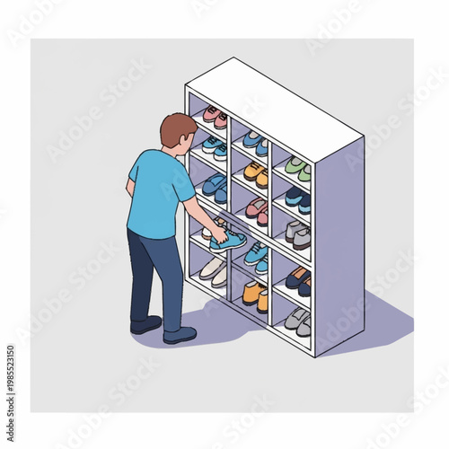 Man choosing shoes from a large rack.