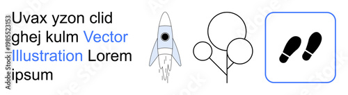 Innovation, exploration, communication, navigation, dialogue, creativity. Rocket, speech bubbles footprints and sample text. Innovation and exploration with creative symbols