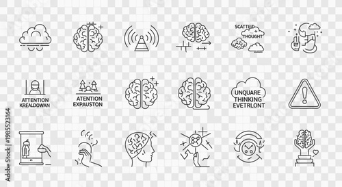 Line art icons depicting various brain states, cognitive functions, mental health, and psychological concepts, including attention, exhaustion, and clarity.