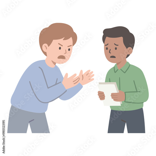 Two men are arguing emotionally while one holds papers in office setting