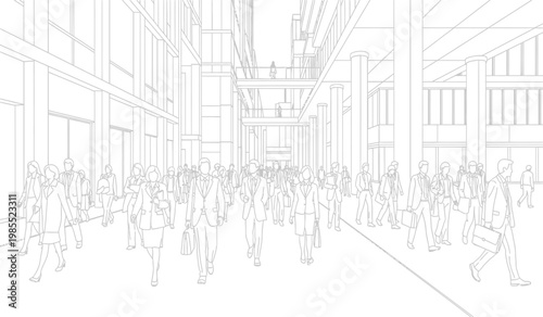 An architectural sketch depicts a bustling cityscape corridor filled with pedestrian silhouettes showcasing movement and urban life silhouette high quality professional detailed modern elegant