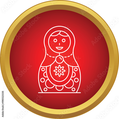 Russian nesting doll vector line art in a red circular frame with a gold border