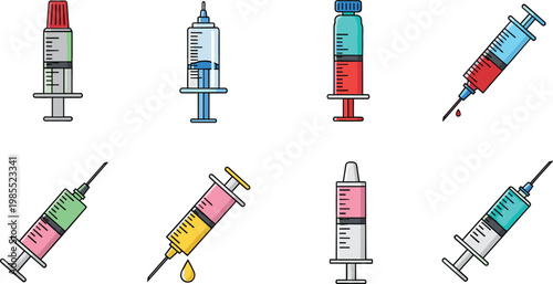 Medical Syringe Collection Set with Vaccine Injection Tools and Healthcare Equipment Isolated on White Background Vector Illustration