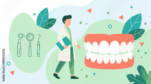 Professional dentist, dental tools, and teeth model for oral health care