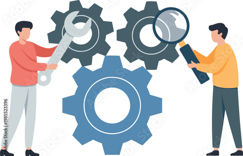 Teamwork concept with people fixing gears using tools, collaboration and engineering workflow vector illustration design