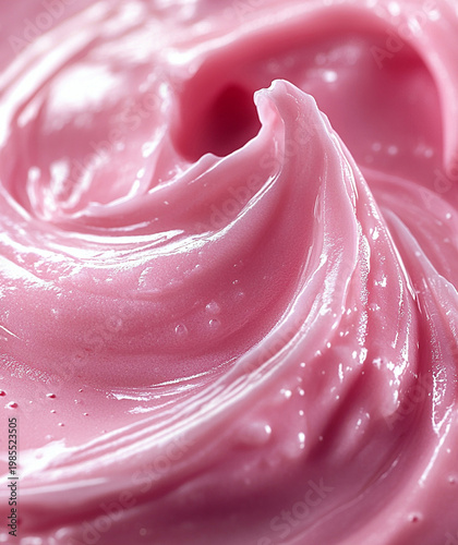 Smooth texture of pink beauty cream smear. Macro shot of cosmetic lotion or moisturizing mask. Minimalist skincare background for dermatological product presentation and beauty industry