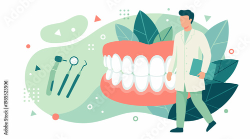 Dentist and Dental Tools with Healthy Teeth for Oral Care Concept