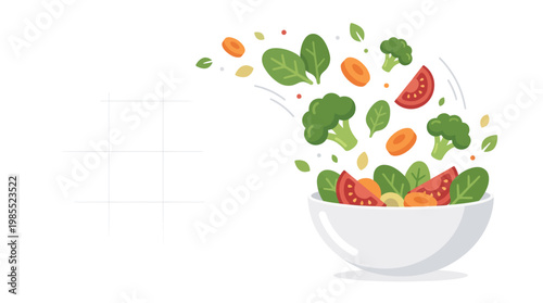 A white bowl overflowing with fresh, vibrant vegetables like spinach, tomatoes, carrots, and broccoli, with some ingredients playfully spilling out.