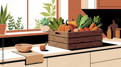 A rustic wooden crate overflowing with fresh, vibrant autumn vegetables sits on a clean kitchen counter.