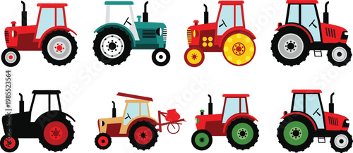 Tractor Collection Set with Farm Agriculture Vehicles and Rural Machinery Isolated on White Background Vector Illustration