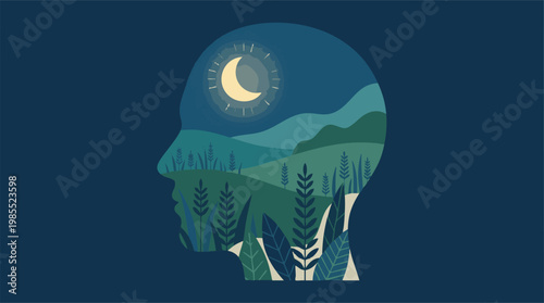 Human mind with tranquil night landscape, crescent moon, and nature