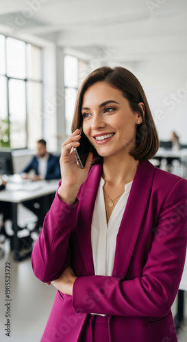 Smiling woman in a magenta blazer, talking on a phone in an office. The image represents communication, business, and a professional appearance
