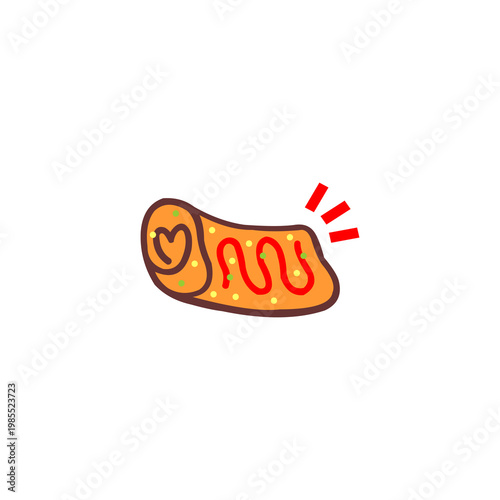This illustration features a golden-brown rolled snack, likely representing an omelet roll, spring roll, or similar street food. The roll is decorated with a zigzag of red sauce and small green and ye