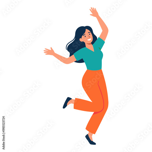 Woman jumping up with arms raised in celebration outdoors
