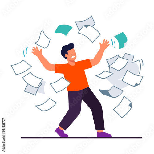 Man throwing papers in frustration at office