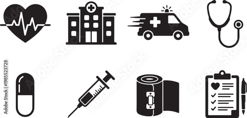 Medical icons, healthcare symbols, hospital signs, wellness graphics, 8 black vector icons