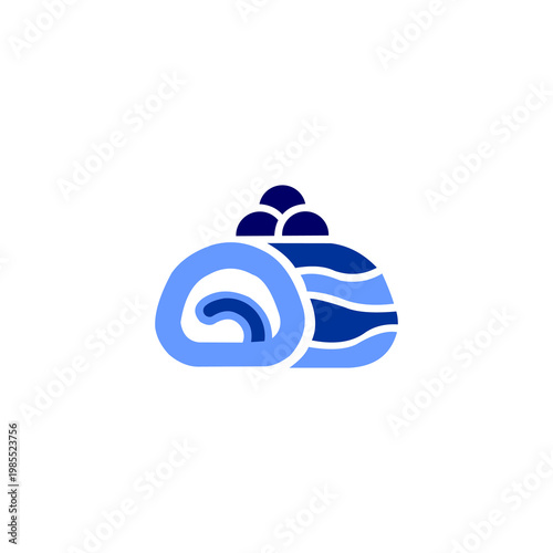 This flat-design vector icon features a stylized Swiss roll cake in varying shades of blue. The illustration shows a cross-section revealing a spiral cream filling, while the exterior is decorated wit