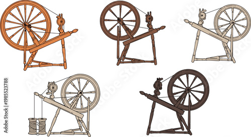 Bild auf Leinwand Vintage Spinning Wheel Collection Set with Antique Yarn Spinner Machines Isolate