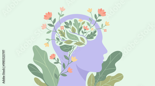 Foto Healthy mind concept with brain made of lush green leaves and colorful flowers