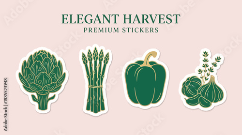 Elegant Harvest Premium Stickers featuring illustrations of an artichoke, asparagus, bell pepper, and garlic.