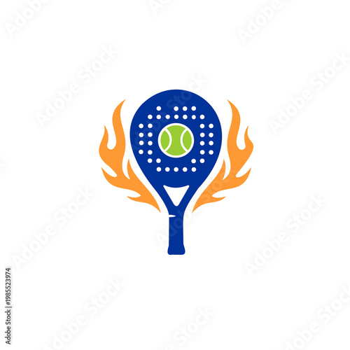 This vibrant vector logo features a blue padel racket silhouette with a green ball centered on the face. The racket is flanked by stylized orange flames on both sides, symbolizing speed, power, and in