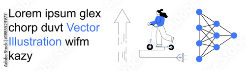 Renewable energy, artificial intelligence, data networks, eco-friendly tech, modern commuting, future development. Person riding an electric scooter with a neural network diagram. Renewable energy