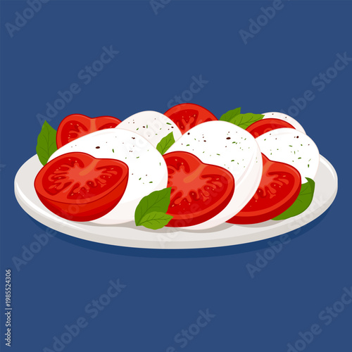 Fresh Caprese salad on a plate. Healthy vegetable salad food with red ripe tomatoes, aromatic basil leaves, mozzarella cheese, salt and black pepper. Delicious Italian cuisine menu in blue background.