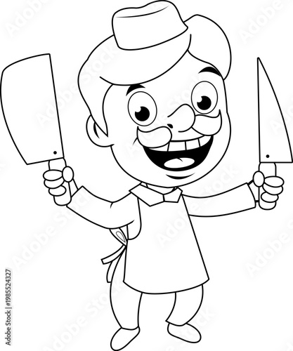 Cartoon butcher holding a knife and a cleaver. Butchery meat market shop worker with cutting tools for meat. Vector clack and white coloring page