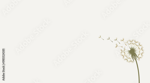 A delicate dandelion seed head is captured in motion as its fluffy seeds are carried away by a gentle breeze against a soft, neutral background.