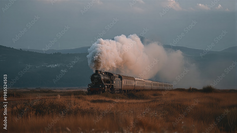 Fototapeta premium Vintage steam locomotive pulling passenger train through golden grassy fields with distant mountains. Nostalgic rail journey in rural countryside. Classic transportation and adventure concept.