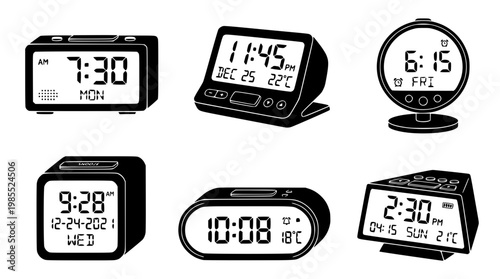 Various digital alarm clocks with different display designs shown