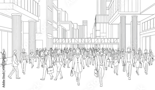 A bustling city street is depicted with numerous figures walking amidst towering buildings rendered in a striking white line art silhouette high quality professional