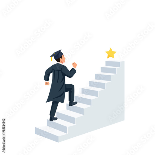 Flat vector illustration of a graduate climbing stairs toward a star, representing career growth, achievement, and success after graduation.