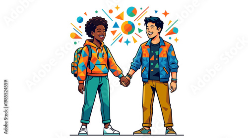 Two boys holding hands in colorful.